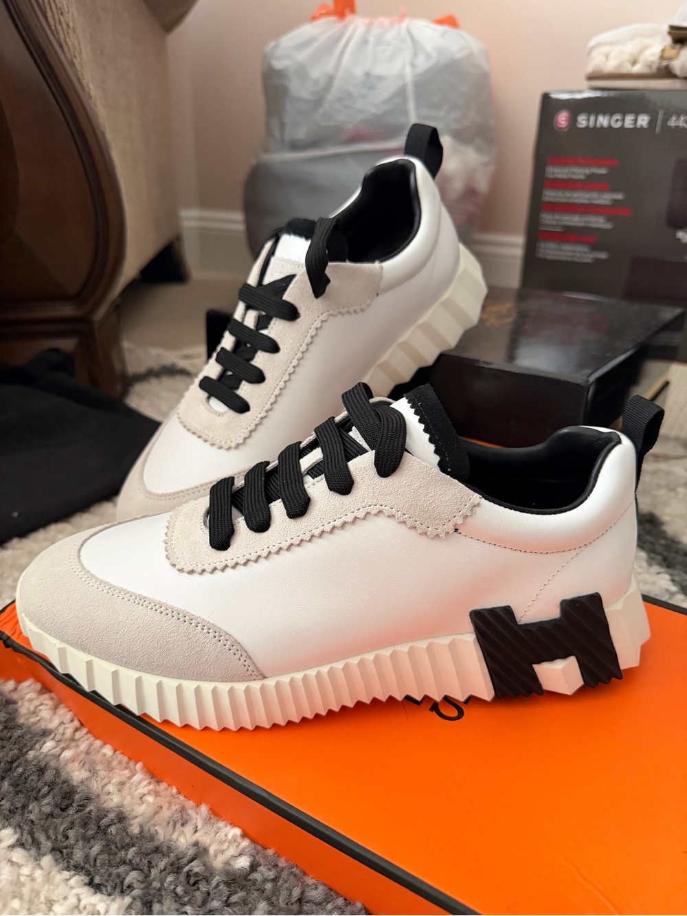 Hermes White & Black Chunky Sole Sneakers